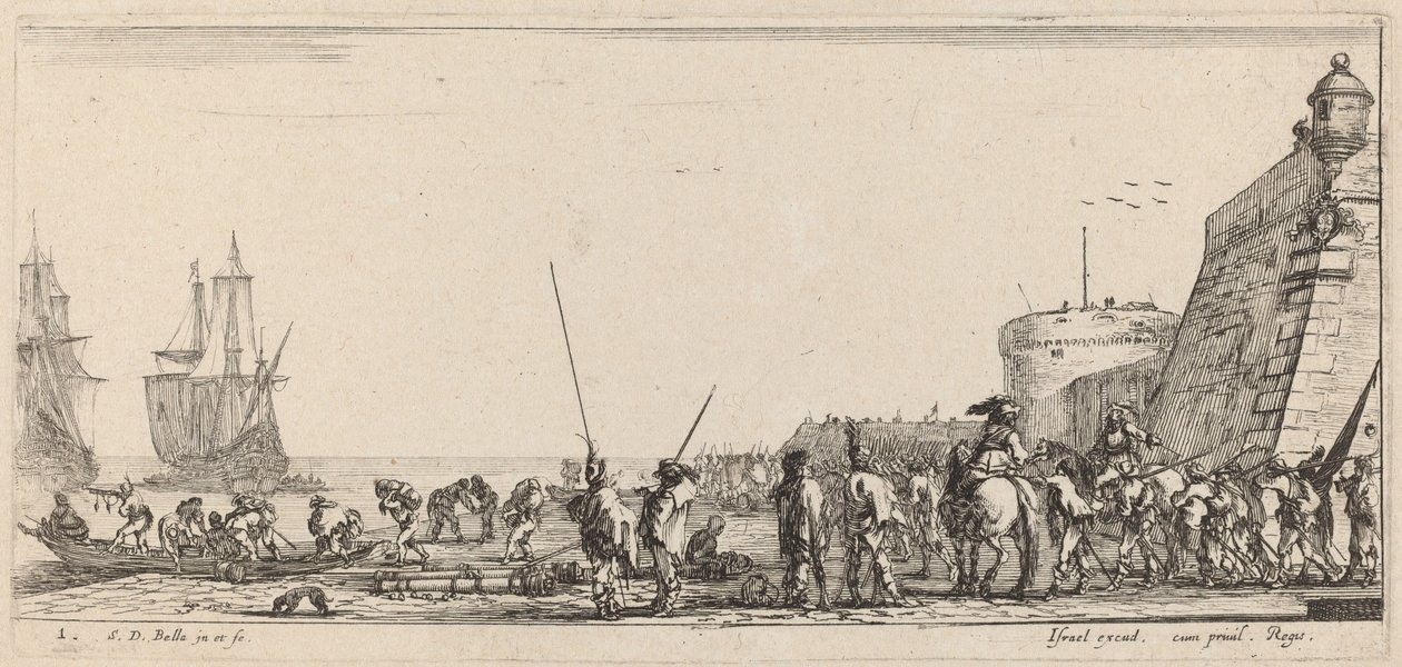Sotilaat valvovat alukselle lähtöä, 1644. tekijältä Stefano della Bella