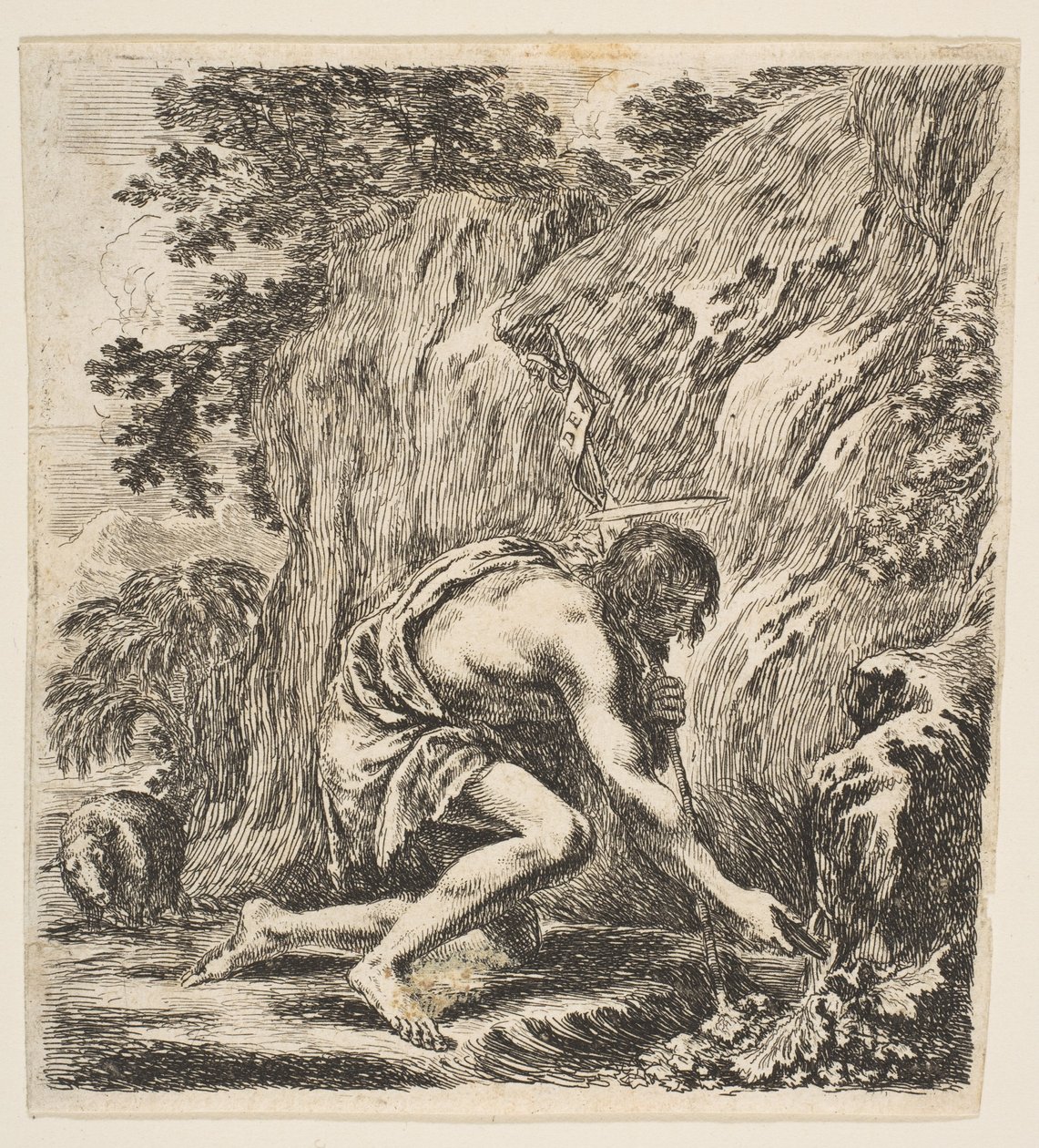 Pyhä Johannes Kastaja ammentaa vettä lähteestä, n. 1649. tekijältä Stefano della Bella