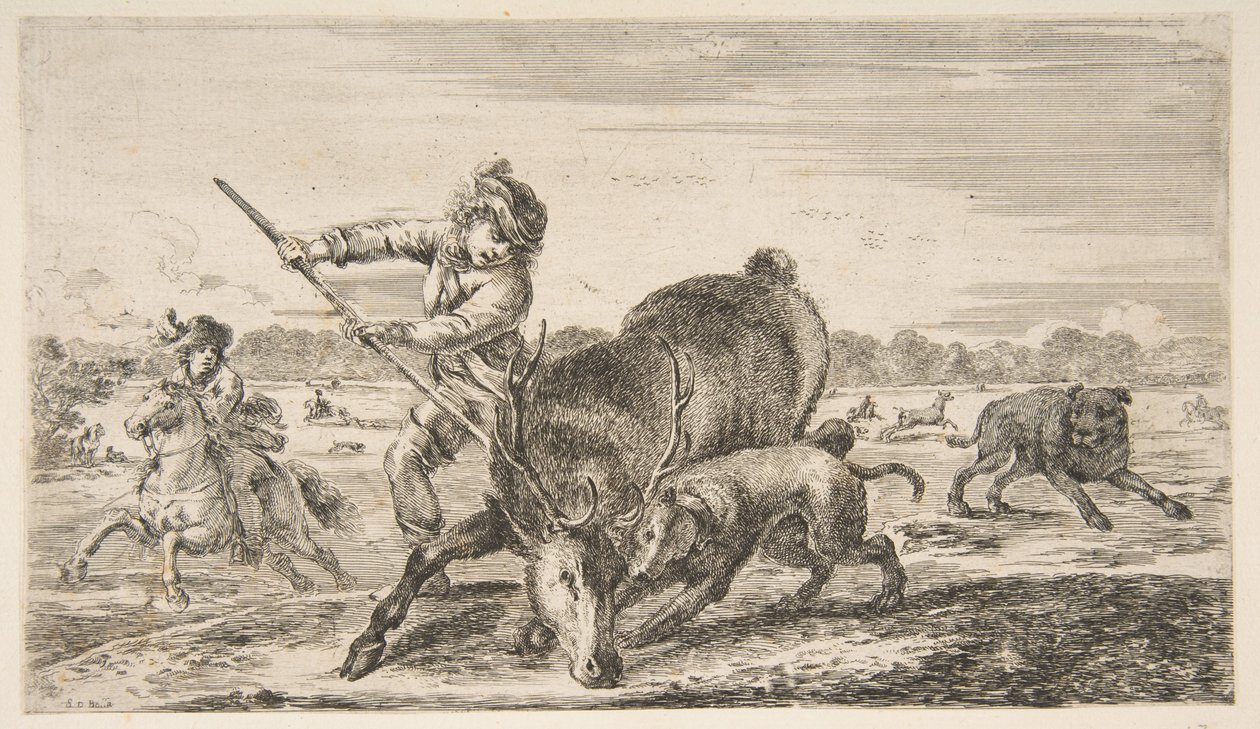 Stag at bay, from Animal hunts Metsästää erilaisia ​​eläimiä, n. 1654. tekijältä Stefano della Bella