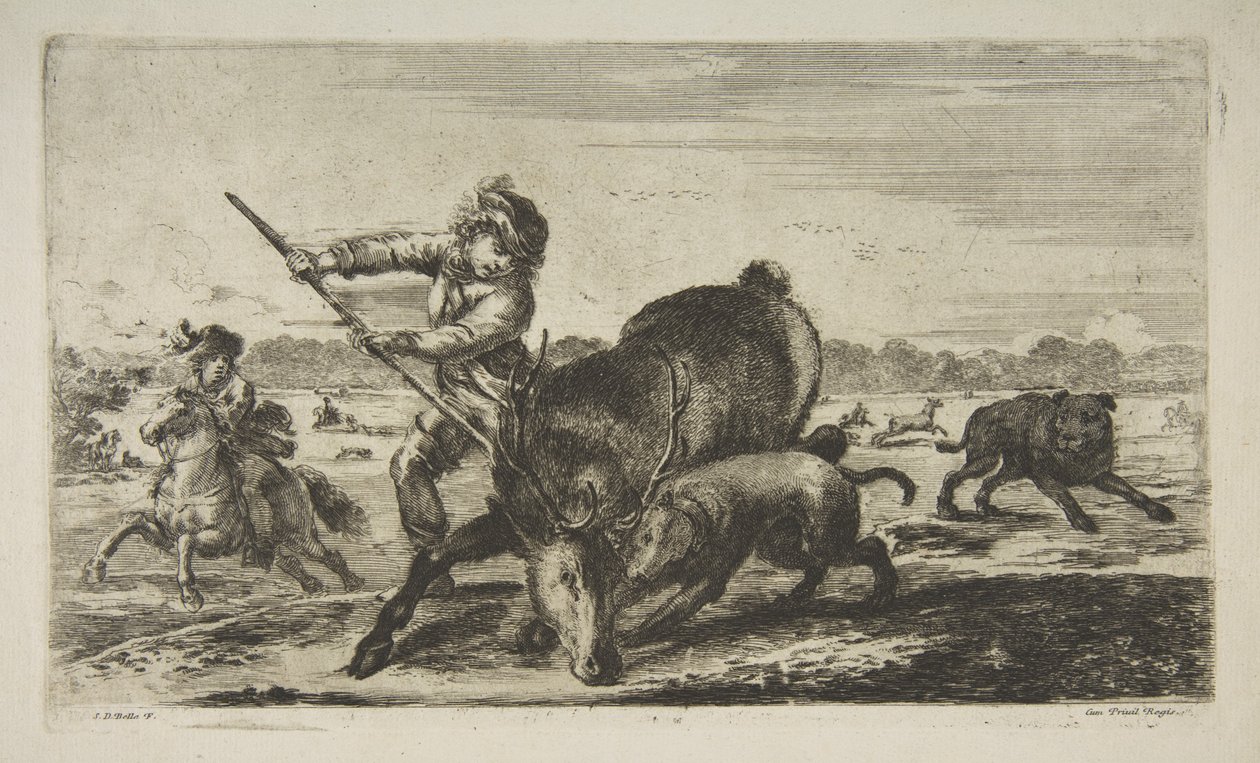 Stag at bay, from Animal hunts Metsästää erilaisia ​​eläimiä, n. 1654. tekijältä Stefano della Bella