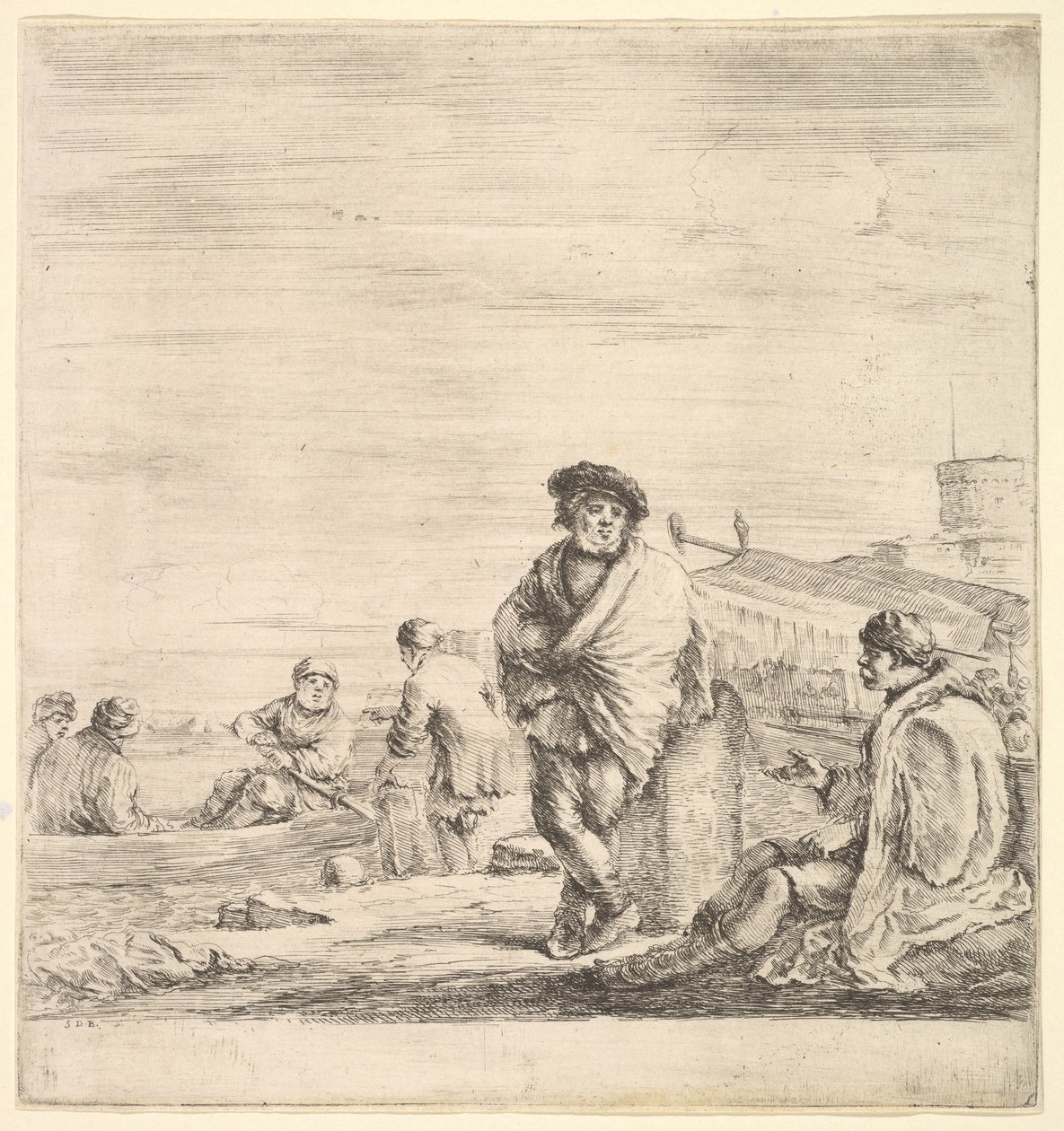 Keskellä seisova merimies puhumassa istuvan levanttilaisen miehen kanssa vasemmalla, nähty profiilissa..., n. 1658-63. tekijältä Stefano della Bella
