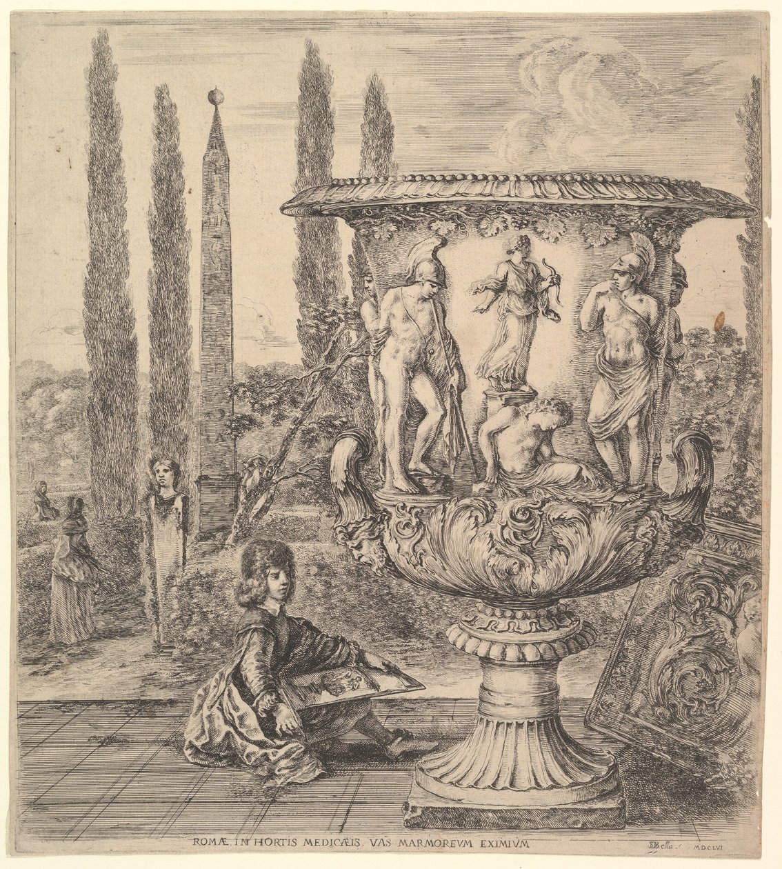 Medici-maljakko, suuri maljakko oikealla, koristeltu esityksellä..., 1656. tekijältä Stefano della Bella