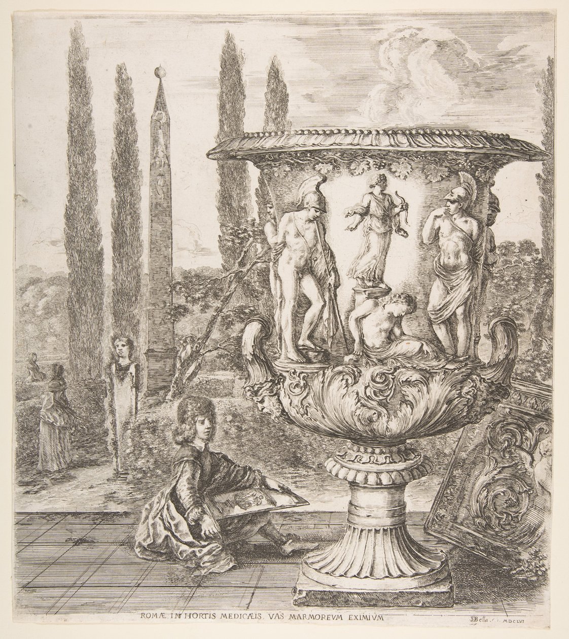 Medici-maljakko, suuri maljakko oikealla, koristeltu esityksellä..., 1656. tekijältä Stefano della Bella