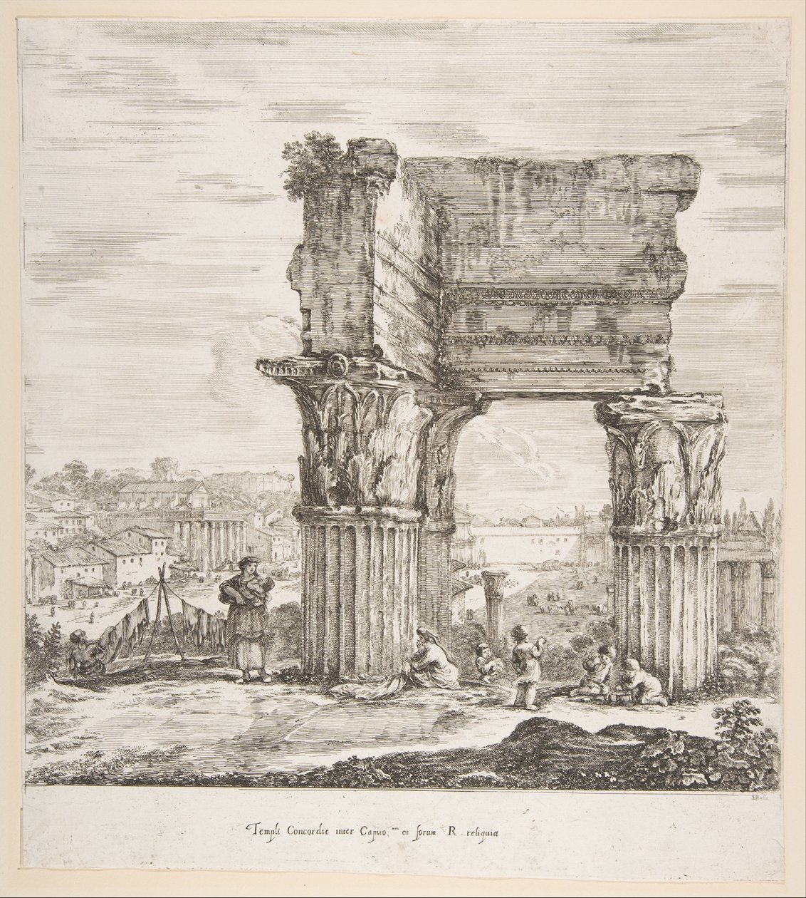 Vespasianuksen temppeli ja Forum Romanum, kuudesta suuresta näköalasta, neljästä Roomasta ja kahdesta..., 1656. tekijältä Stefano della Bella