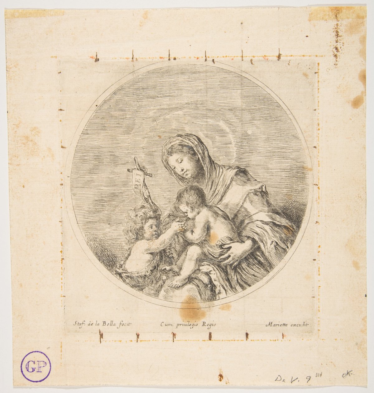 Neitsyt ja lapsi Pyhän Johanneksen kanssa, pyöreä sävellys, n. 1641. tekijältä Stefano della Bella