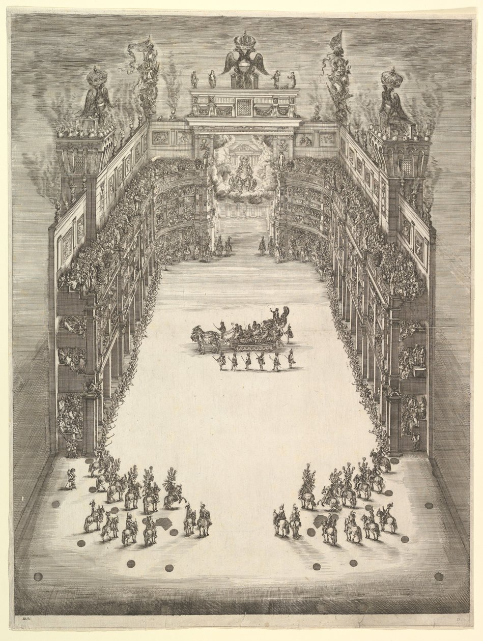 Modenan teatteri, ylhäältä katsottuna ja täynnä katsojia, voittoautolla cen..., 1652. tekijältä Stefano della Bella