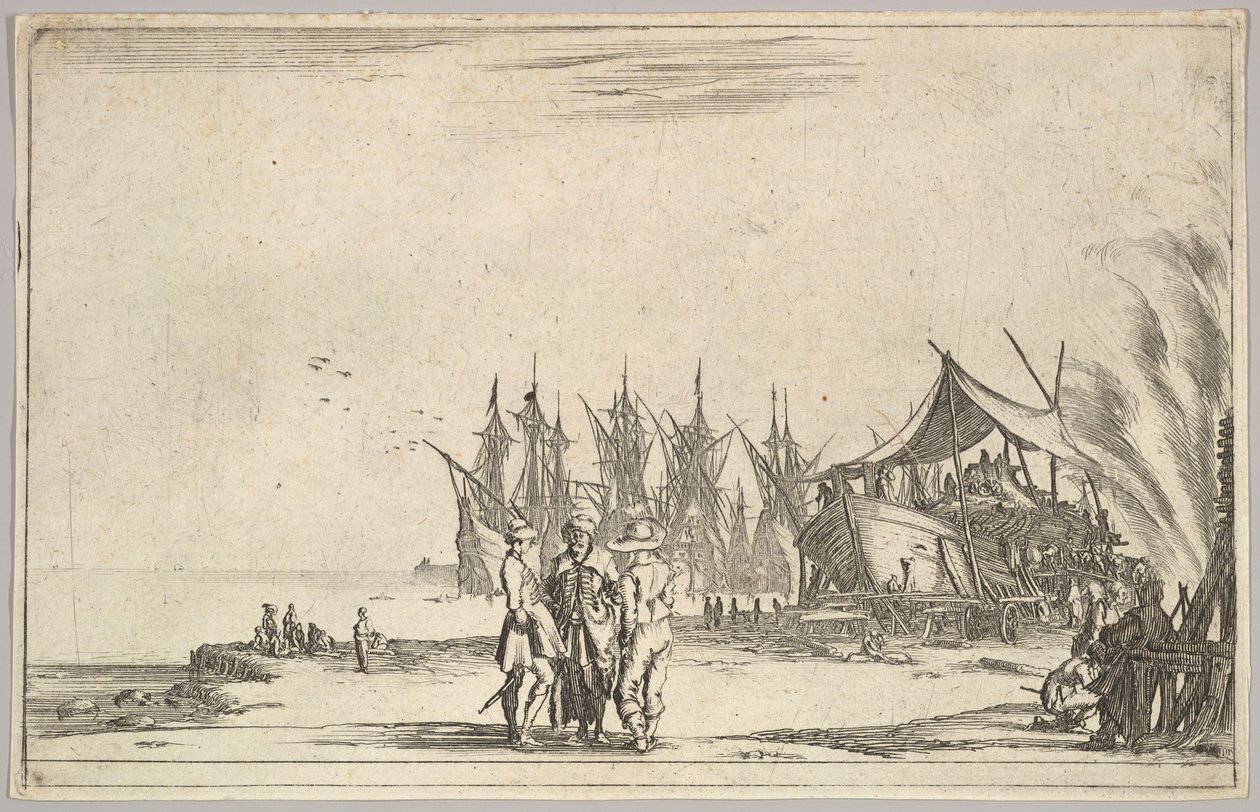 Kolme hattua pukeutunutta miestä seisoo keskellä, miehet kiinnittävät laivaa oikealle, viisi laivaa ja vari..., 1639. tekijältä Stefano della Bella