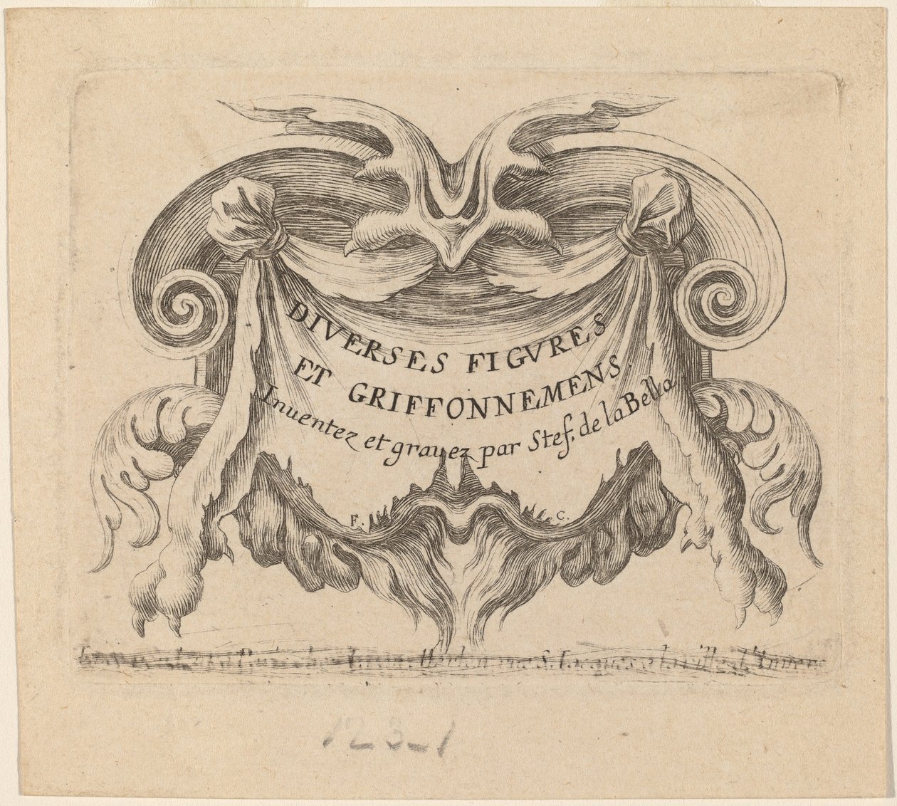 Nimisivu erilaisille hahmoille ja doodleille, 1646. tekijältä Stefano della Bella