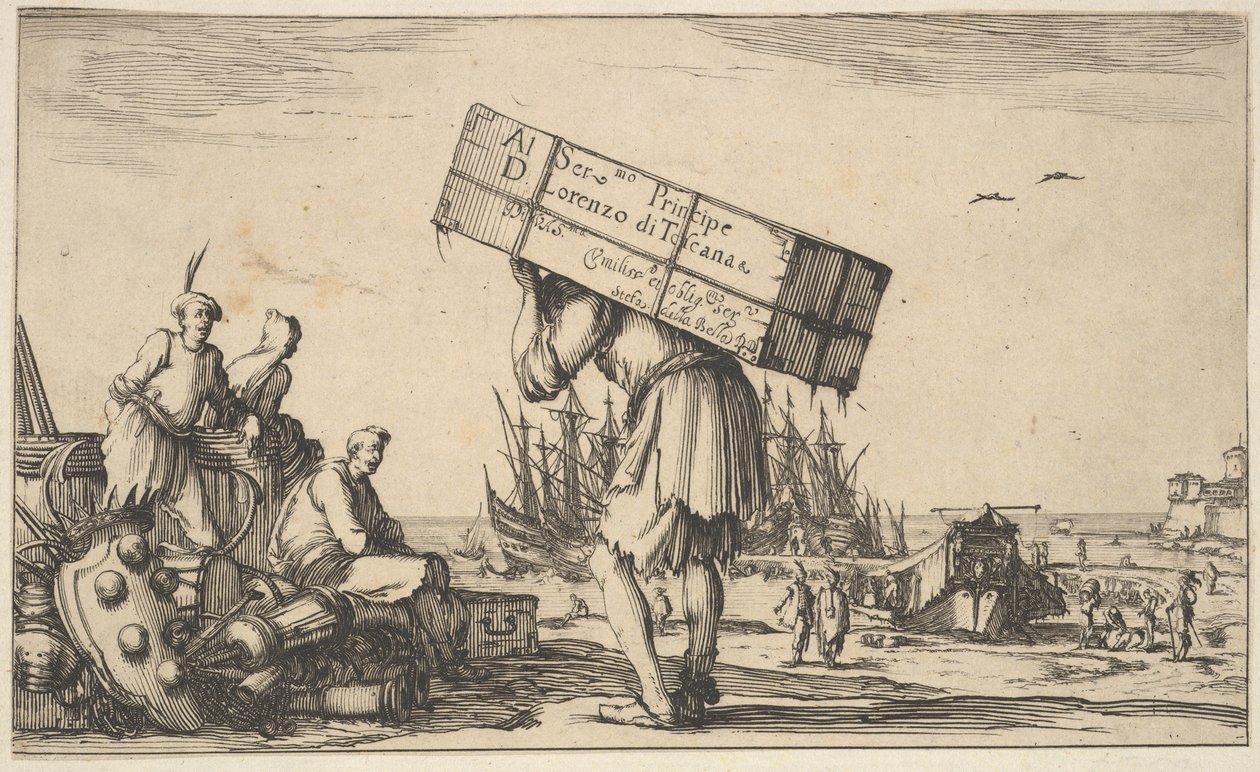 Otsikkosivu: mies kantolaukkua selässään keskellä, kolme miestä katsomassa häntä kohti ..., 1639. tekijältä Stefano della Bella