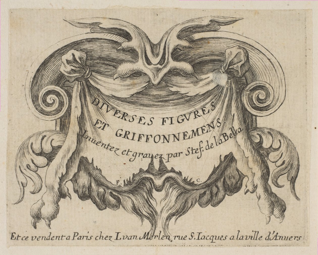 Nimisivu, julkaisusta "Eri hahmot ja doodles" Erilaisia hahmoja et griffonnemens, ca. 1646 tekijältä Stefano della Bella
