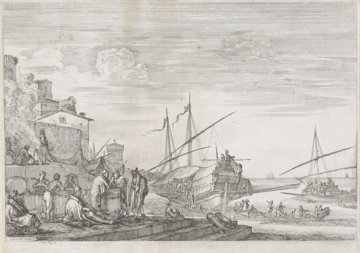 Kaksi keittiölaivaa Livornon satamassa Livornon satama (sarjan nimi) Vues de port de Livourne (sarjan nimi) tekijältä Stefano della Bella