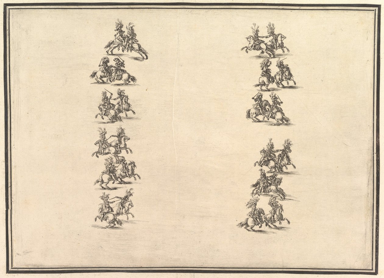 Kaksikymmentäneljä ratsastajaa kaksintaistelemassa ja muodostamassa kaksi kolonnia La Gara delle Stagionista vuodelta 1652. tekijältä Stefano della Bella