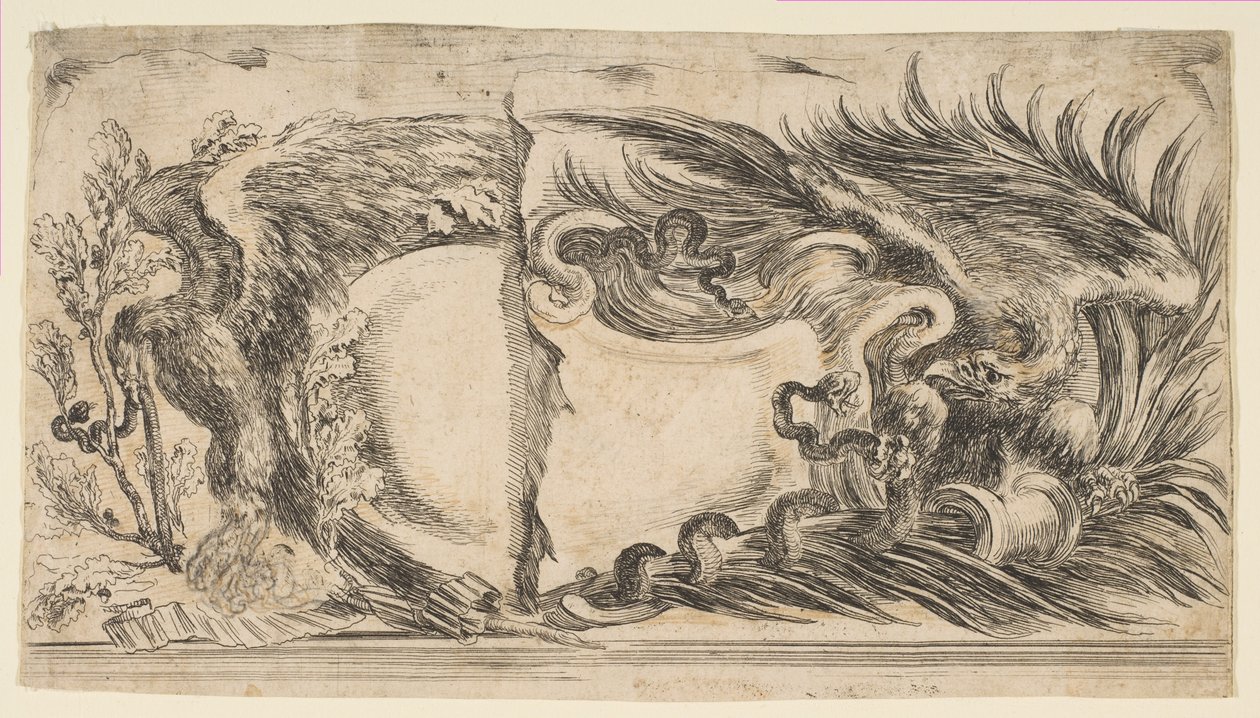 Kaksi erilaista cartouches-puoliskoa, joissa kussakin esitetään kotka taistelemassa käärmettä vastaan, 1646. tekijältä Stefano della Bella