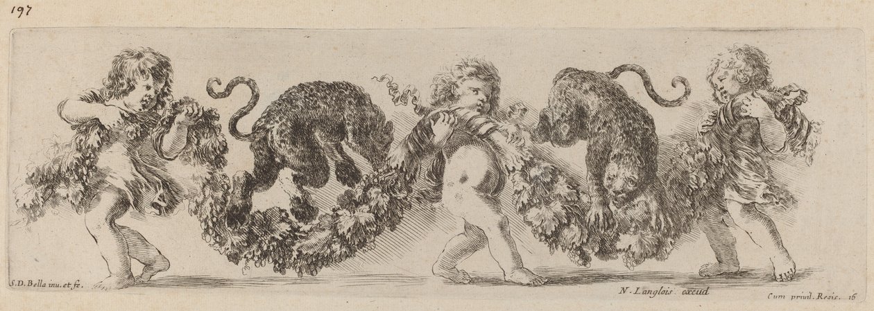Kaksi leopardia hyppäämässä juhlaa lasten tukemana, luultavasti 1648. tekijältä Stefano della Bella