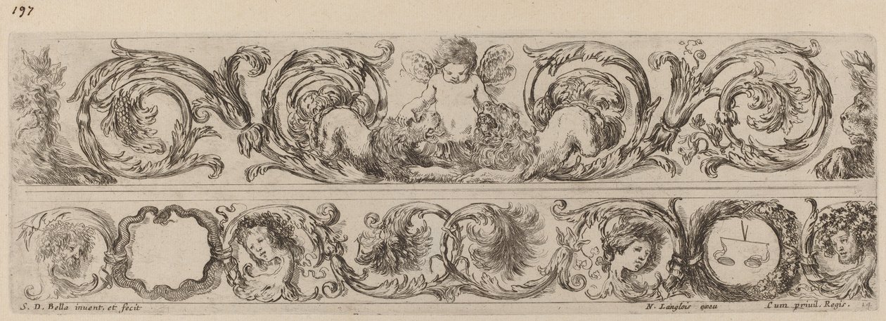 Kaksi koristebändiä Cupidon ja Heads of the Four Seasons kanssa, luultavasti vuodelta 1648. tekijältä Stefano della Bella