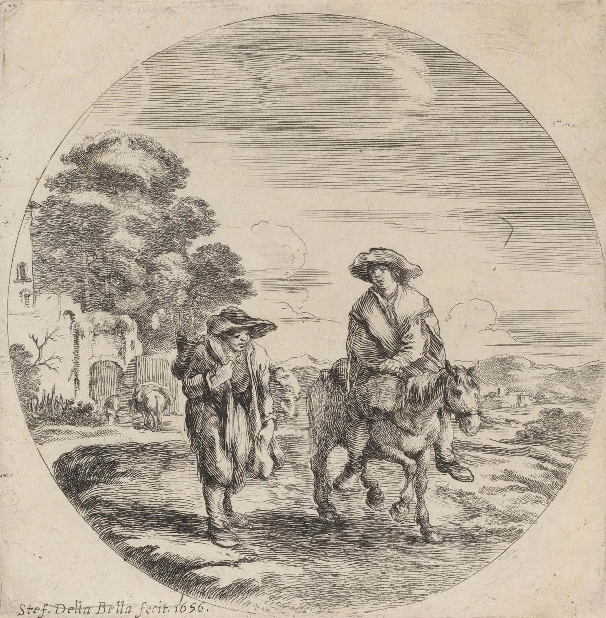 Kaksi talonpoikaa matkustamassa maisemassa, 1656. tekijältä Stefano della Bella