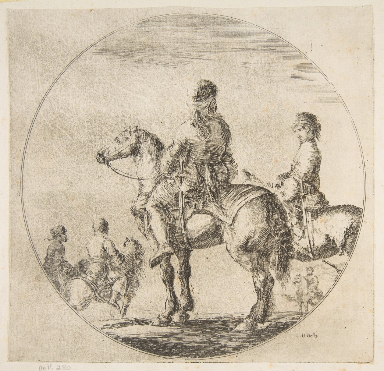Kaksi puolalaista ratsumiestä hevosineen kasvot vasemmalle, kuvasta Figuures on Horseback Cavali..., n. 1651. tekijältä Stefano della Bella