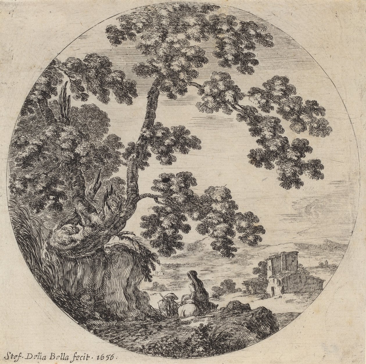Kaksi matkustajaa kulkemassa vanhan tammen ohi, 1656. tekijältä Stefano della Bella