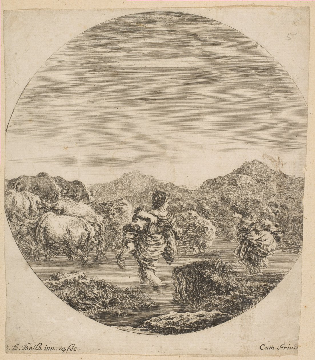 Kaksi naista ylittämässä puron, n. 1646. tekijältä Stefano della Bella