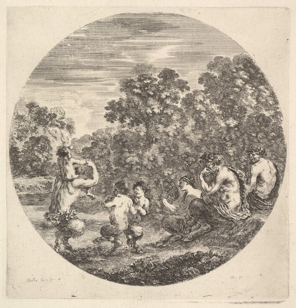 Kaksi satyyriä ja faun istuu oikealla katsomassa kahta lapsisatyyria ja toista satyyriä..., n. 1643-48. tekijältä Stefano della Bella
