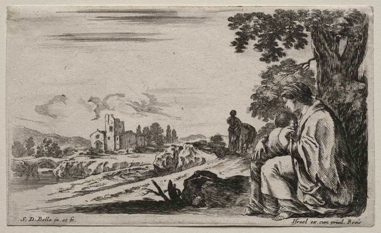 Erilaisia hahmoja ja maisemia: Puun alla istuva köyhä sairaanhoitaja, 1649. tekijältä Stefano della Bella