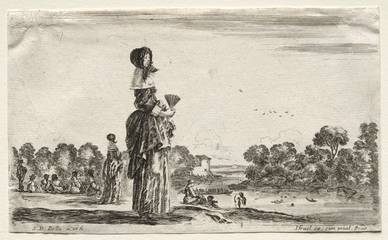 Erilaisia hahmoja ja maisemia: Naiset katsomassa uimareita joen varrella, 1649. tekijältä Stefano della Bella