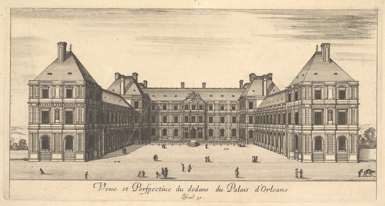 Näkymä ja perspektiivi Palais dOrleansin sisältä, osoitteesta Erilaisia näkymiä rema..., 1649-51. tekijältä Stefano della Bella