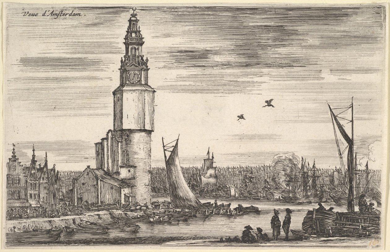 Näkymä Amsterdam Vue dAmsterdamille, torni ja talot vasemmalla, miehiä seisomassa laiturilla..., 1647. tekijältä Stefano della Bella