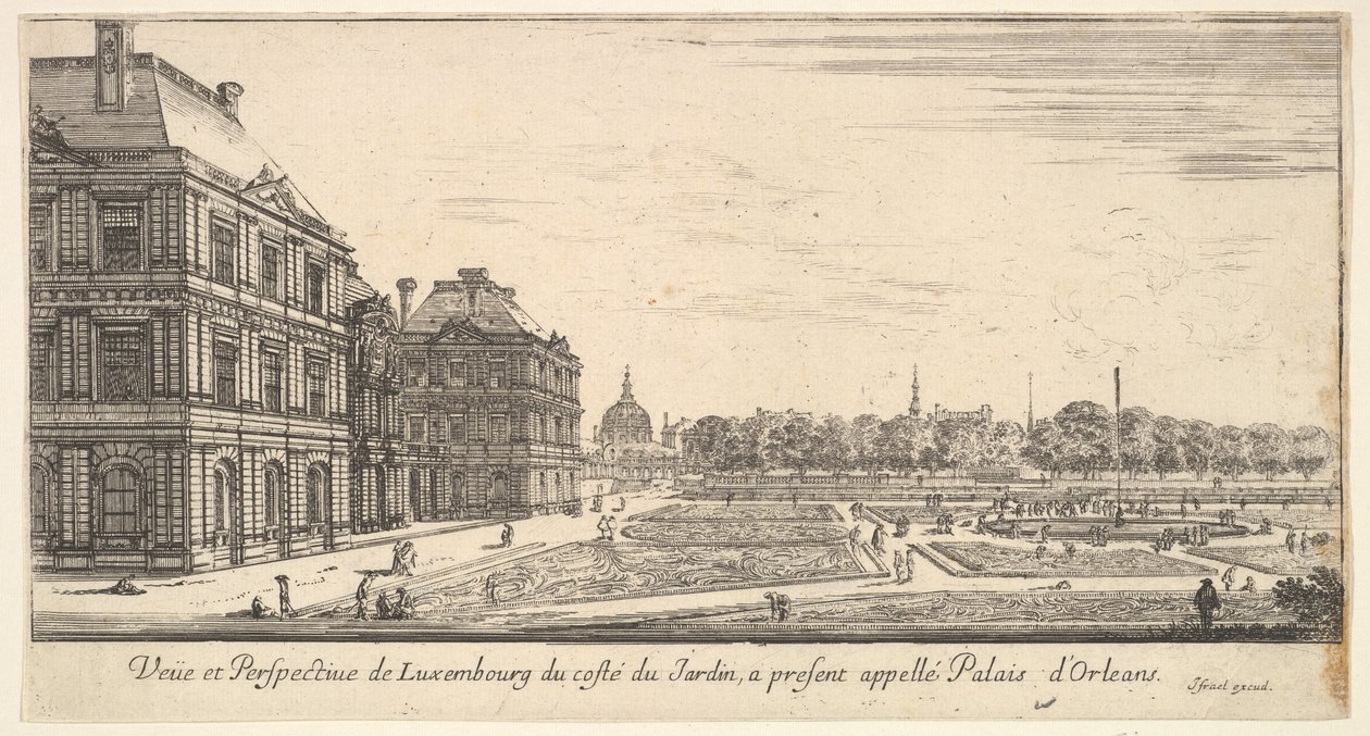 Näkymä Luxemburgiin Palais dOrleansin puutarhan puolelta, osoitteesta Various views of..., 1649-51. tekijältä Stefano della Bella