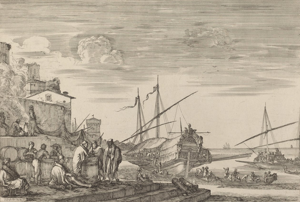 Näkymä useista satamaan päin olevista taloista, luultavasti n. 16541655. tekijältä Stefano della Bella