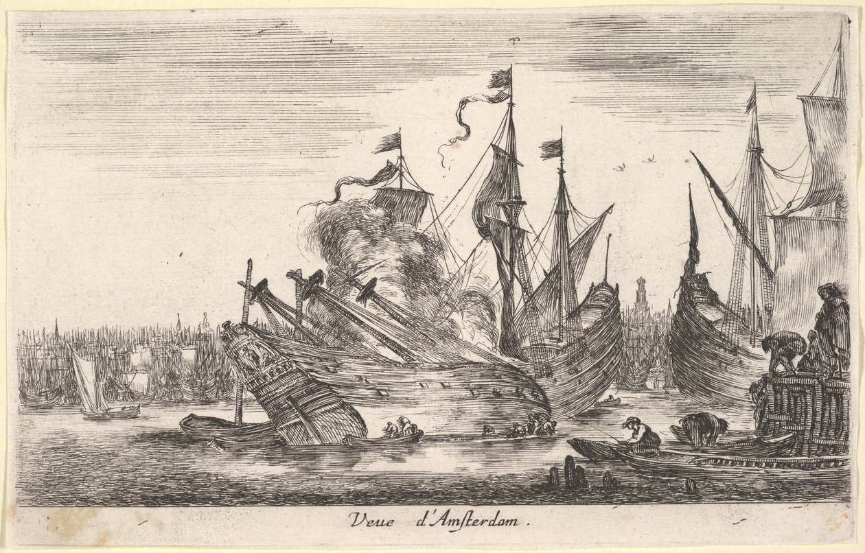 Näkymä Amsterdamin Veue dAmsterdamin satamasta, miehet soutuveneissä työskentelevät laivalla keskustassa..., 1647. tekijältä Stefano della Bella