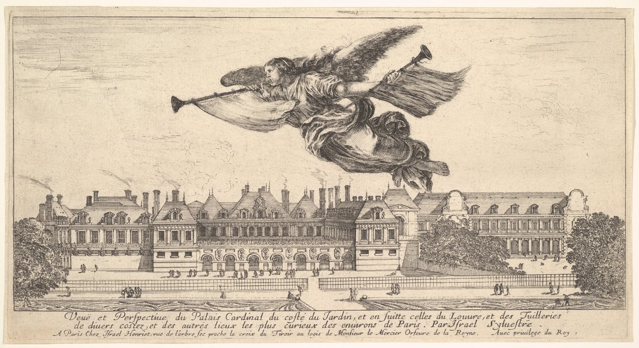 Näkymä Palais Cardinalille, Fame-hahmo ylhäällä keskellä lentää kohti vasenta..., 1649-51. tekijältä Stefano della Bella