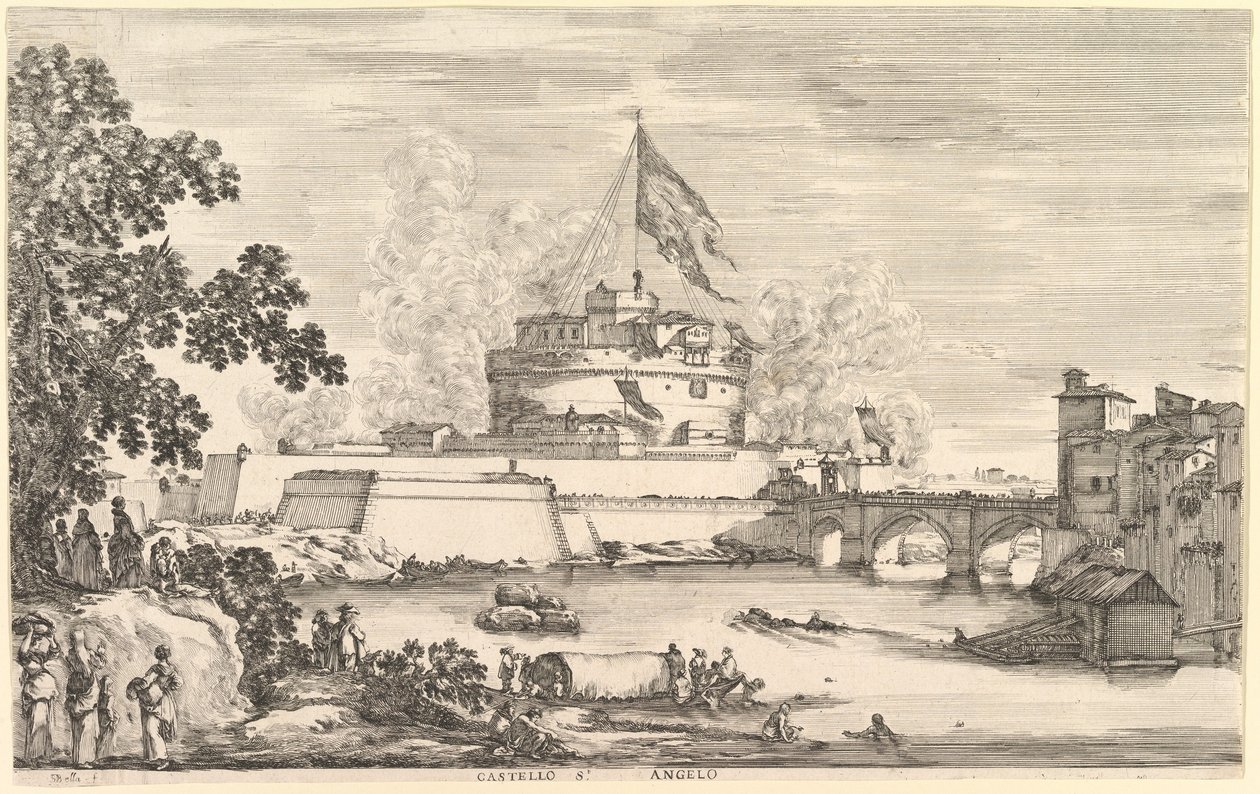 Näkymä Tiber-joelle, iso puu vasemmalla, kaksi naisryhmää vasemmalla..., n. 1656. tekijältä Stefano della Bella