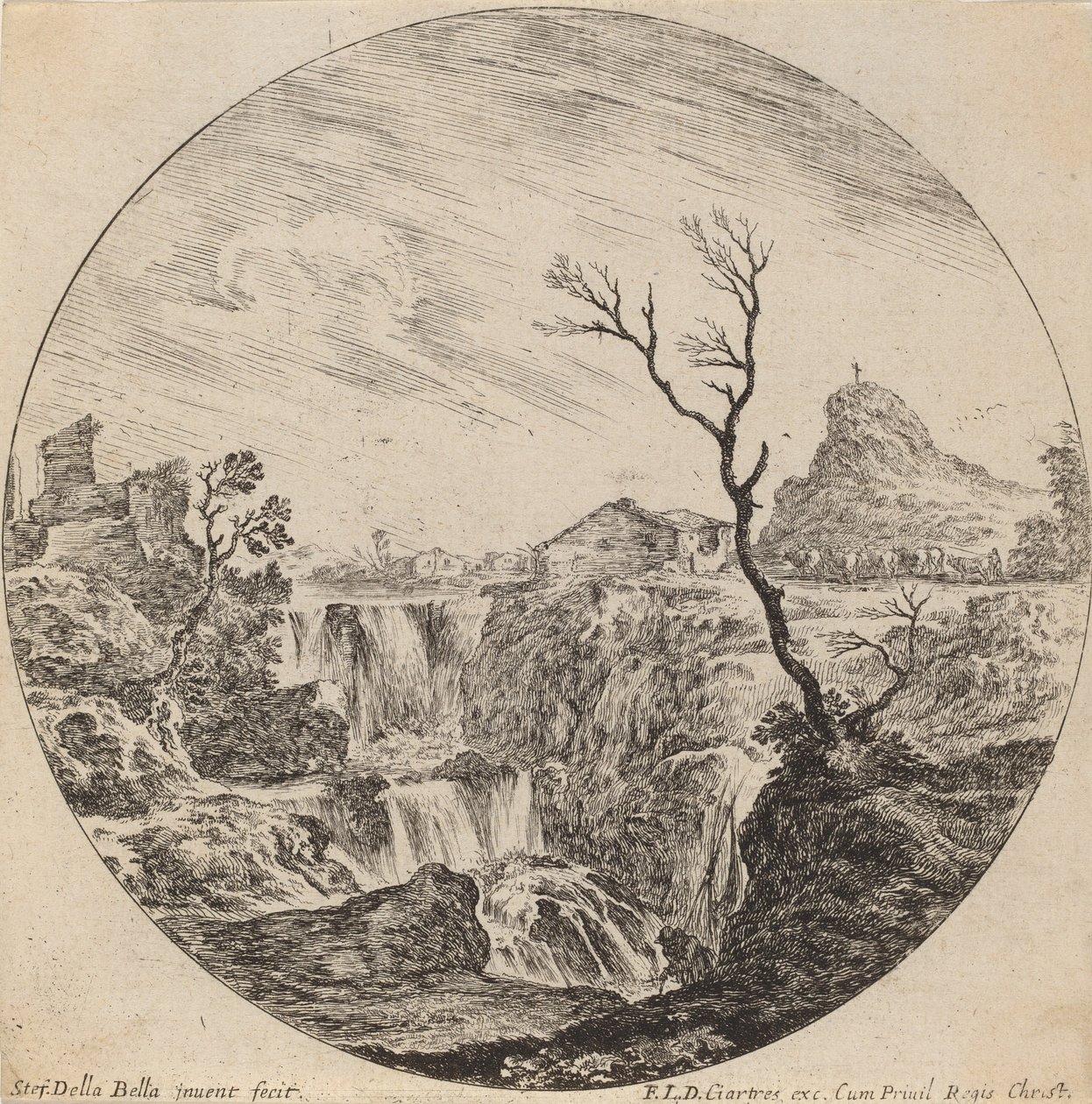 Kolmikerroksinen vesiputous, 1646. tekijältä Stefano della Bella