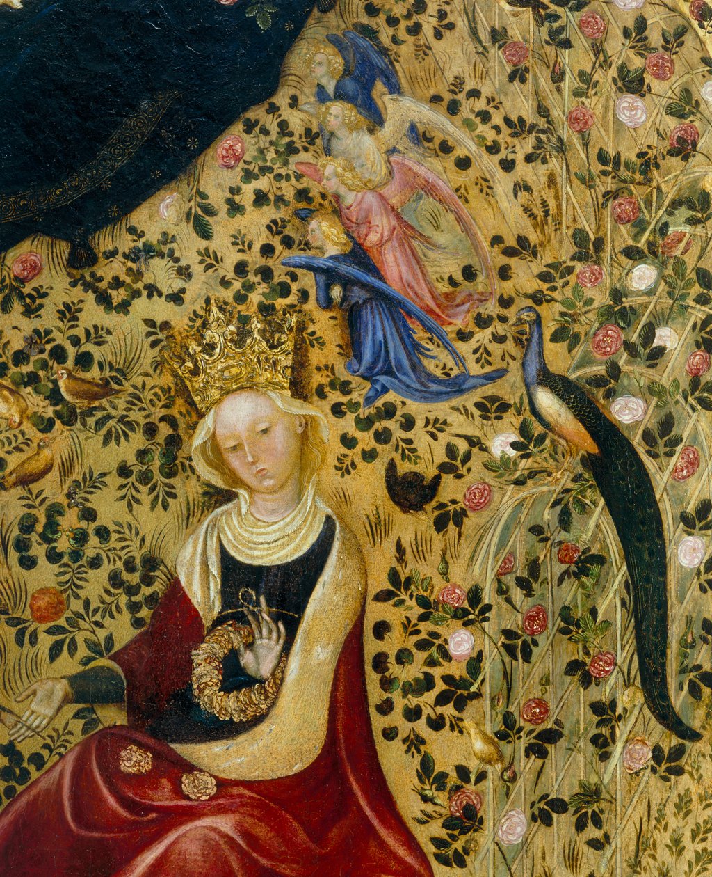 Pyhä Katariina Aleksandrialainen enkelien ja riikinkukon ympäröimänä, Madonna del Roseton yksityiskohta tekijältä Stefano di Giovanni da Verona