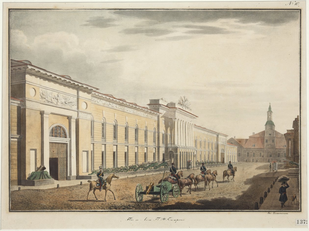 Näkymä uuteen arsenaaliin Liteyny Avenuella (perspektiivi Liteiny) - Stepan Philippovich Galaktionov (1779-1854). Litografia, akvarelli tekijältä Stepan Philippovich Galaktionov