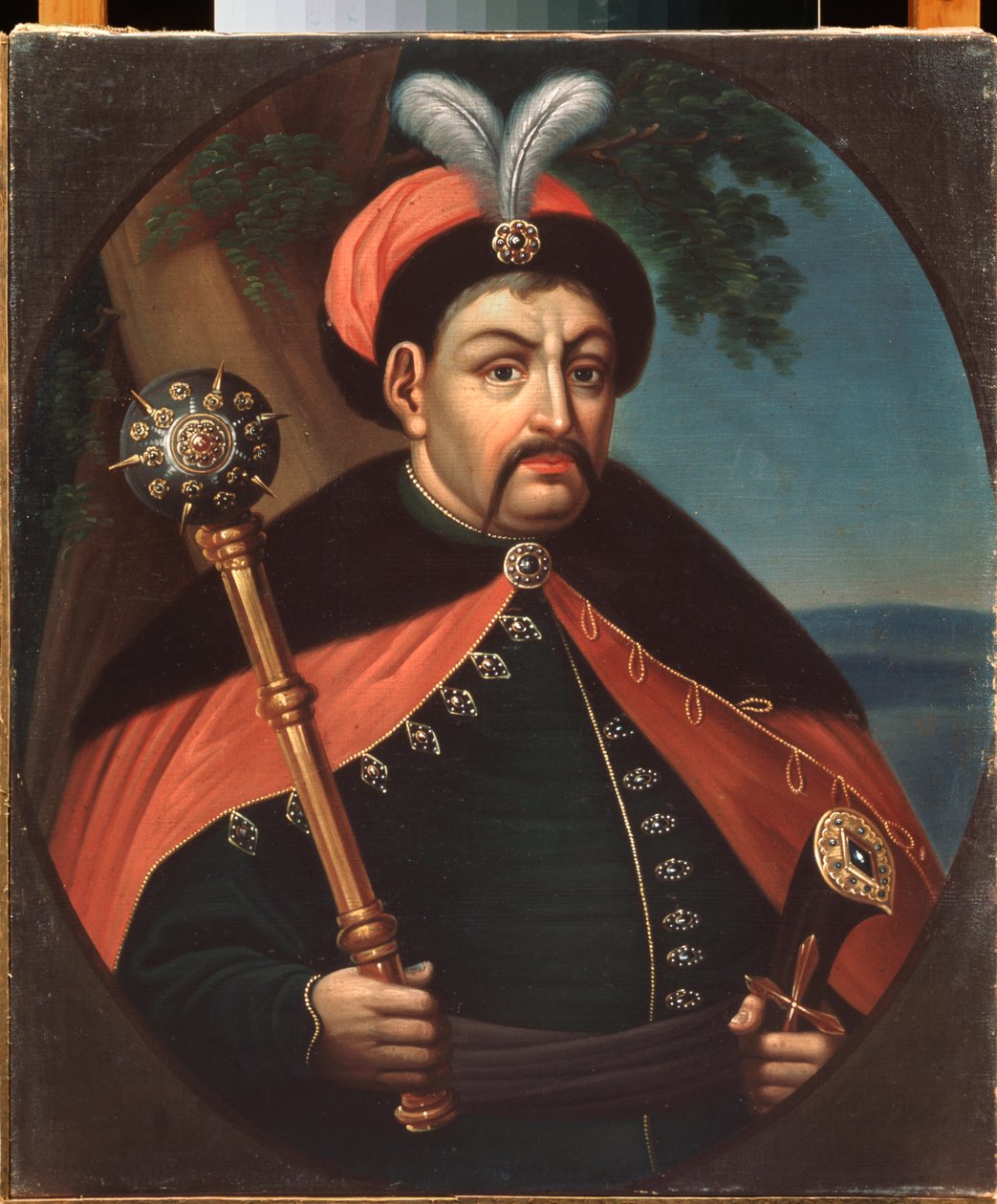 Muotokuva du hetman (komentaja) Ukrainan kasakka Bohdan Khmelnytsky (1595-1657) (Ukrainan kasakkahetmanin Bohdan Khelmytskyn muotokuva) - Stepan Zemlykovin kuva (debyytti 1800-luvulla), öljy kankaalle 1800-luku, taidetta Ukraina - Aluetaidemuseo tekijältä Stepan Zemlykov