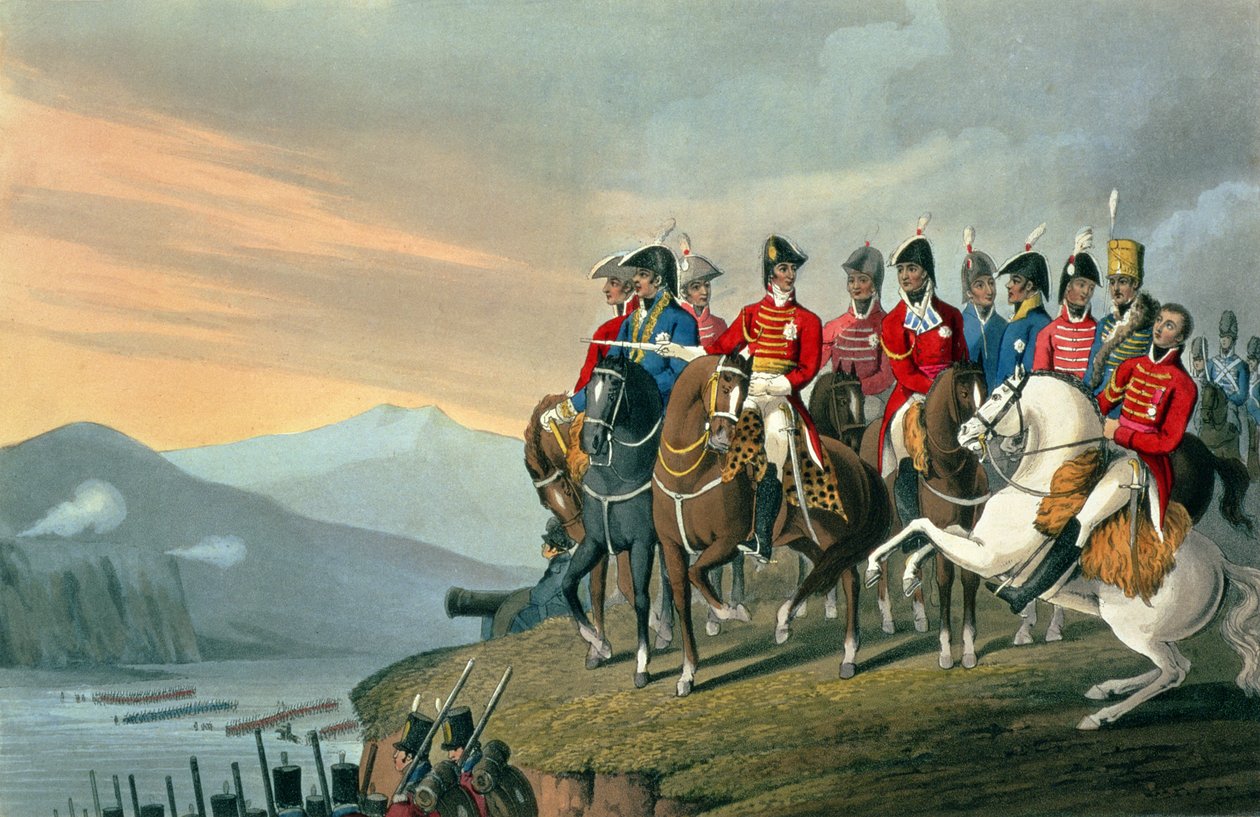 Wellingtonin herttua ja hänen esikuntansa ylittämässä Bidassoaa ja saapumassa Ranskaan, 1813, kaiverrettu Matthew Dubourgin (fl.1813-20) teoksesta Historic, Military and Naval Anekdootit, pub. Kirjailija: Edward Orme (1774-n. tekijältä Hyacinthe Francois Rigaud