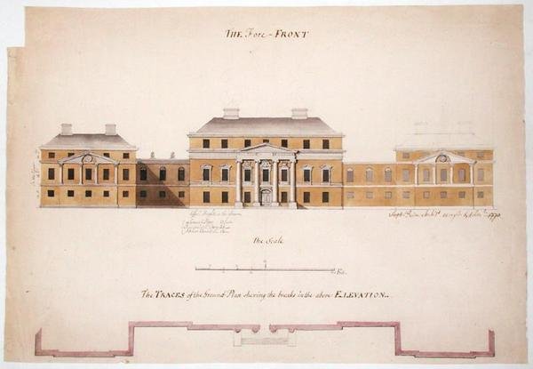 Huvilan pohjapiirros ja korkeus, 1763 (grafiitti, kynä ja muste ja pesu paperille) tekijältä Stephen Riou