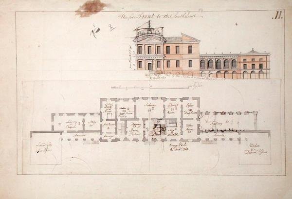 Huvilan pohjapiirros ja korkeus, 1763 (grafiitti, kynä ja ruskea muste ja pesu paperille) tekijältä Stephen Riou