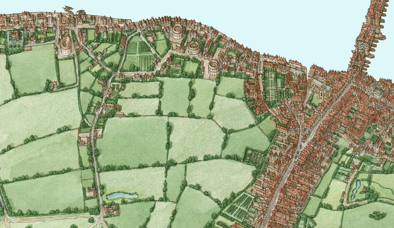 Bankside ja Southwark, Lontoo, noin 1600-25, 2021 (tussi ja akvarelli, digitaalinen) tekijältä Stephen Conlin