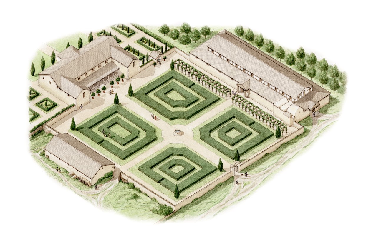 Brading Roman Villa, Isle of Wight (piirretty 2012), noin 350-400 (tussi ja akvarelli). tekijältä Stephen Conlin