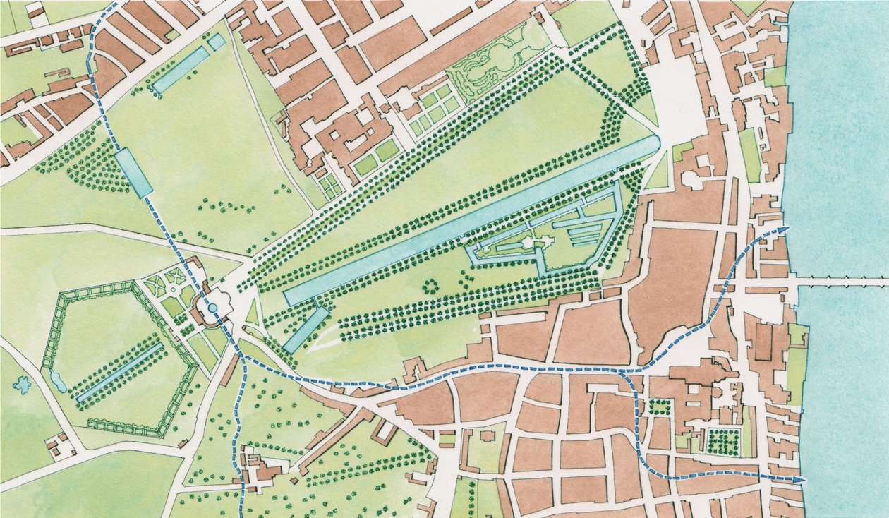 Tyburn-joen kulku Westminsterissä vuonna 1747 (tussi ja akvarelli). tekijältä Stephen Conlin