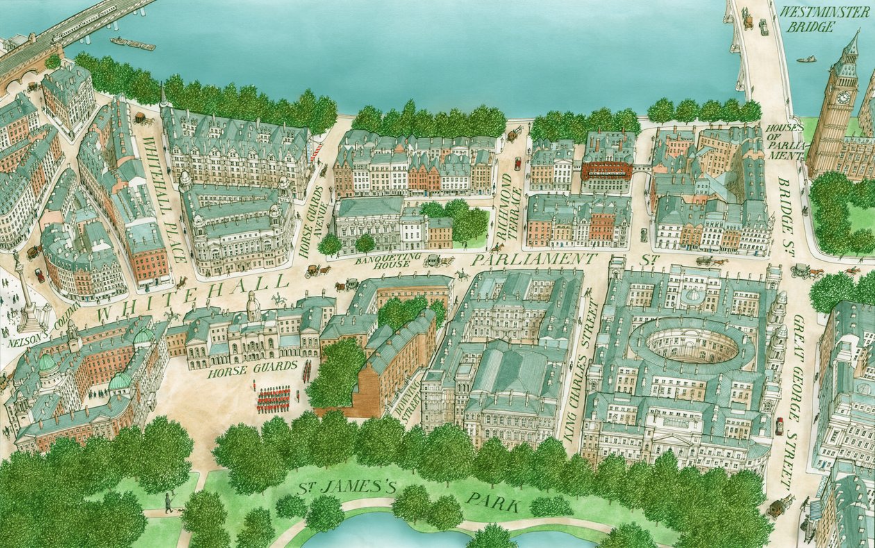 Edwardian Whitehall, Lontoo, noin 1890-1905 (piirretty 1995) (tussi, ilmapensselillä ja vesivärillä) tekijältä Stephen Conlin