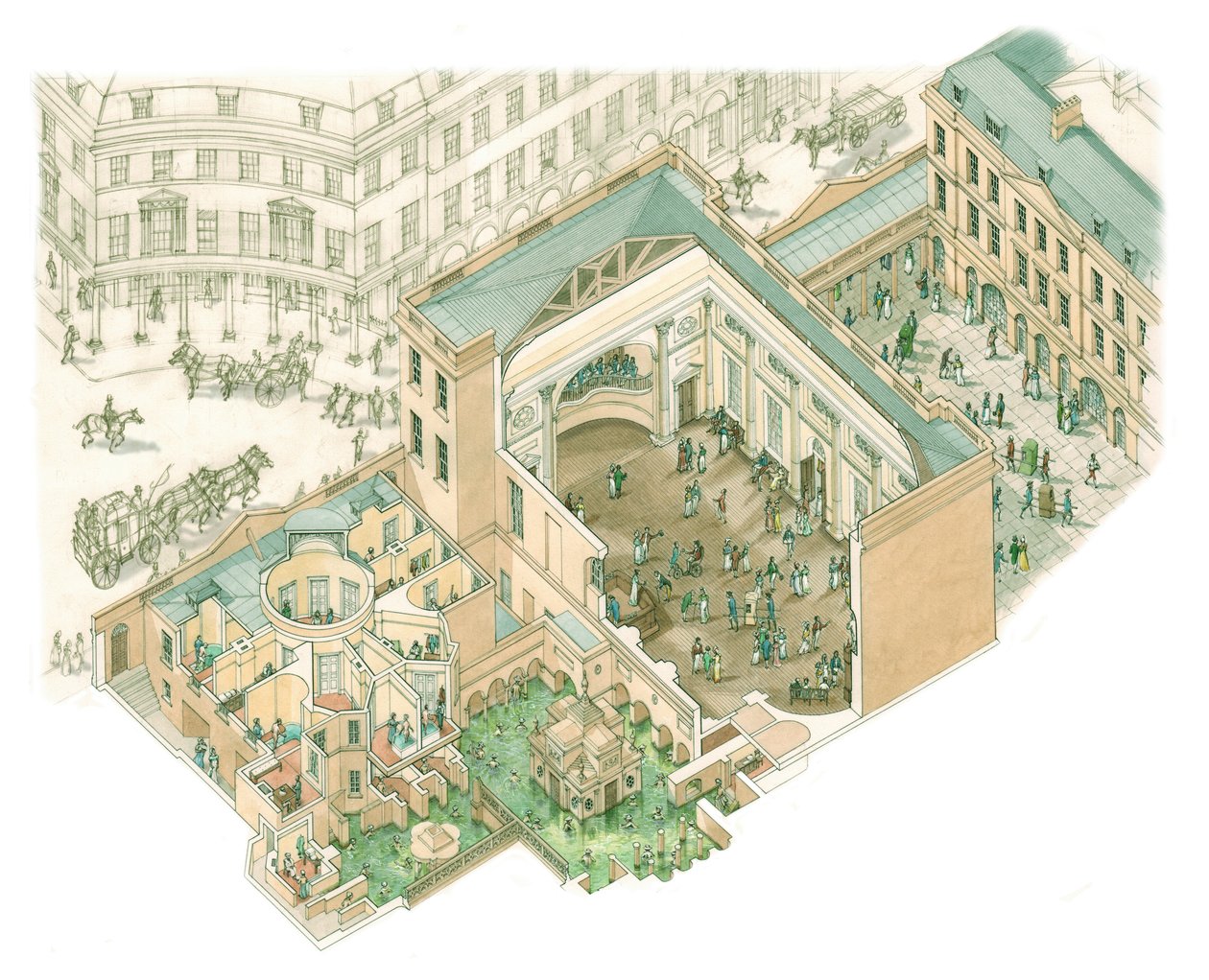 Grand Pump Room, Bath, Somerset, noin 1795-1825 (tussi ja akvarelli paperille). tekijältä Stephen Conlin