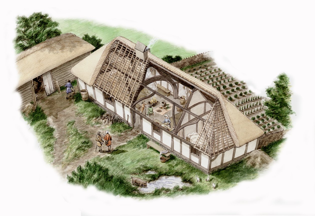 Mill House, Mapledurham, Oxfordshire (piirretty 2013), noin 1335-1400 (tussi ja akvarelli) tekijältä Stephen Conlin