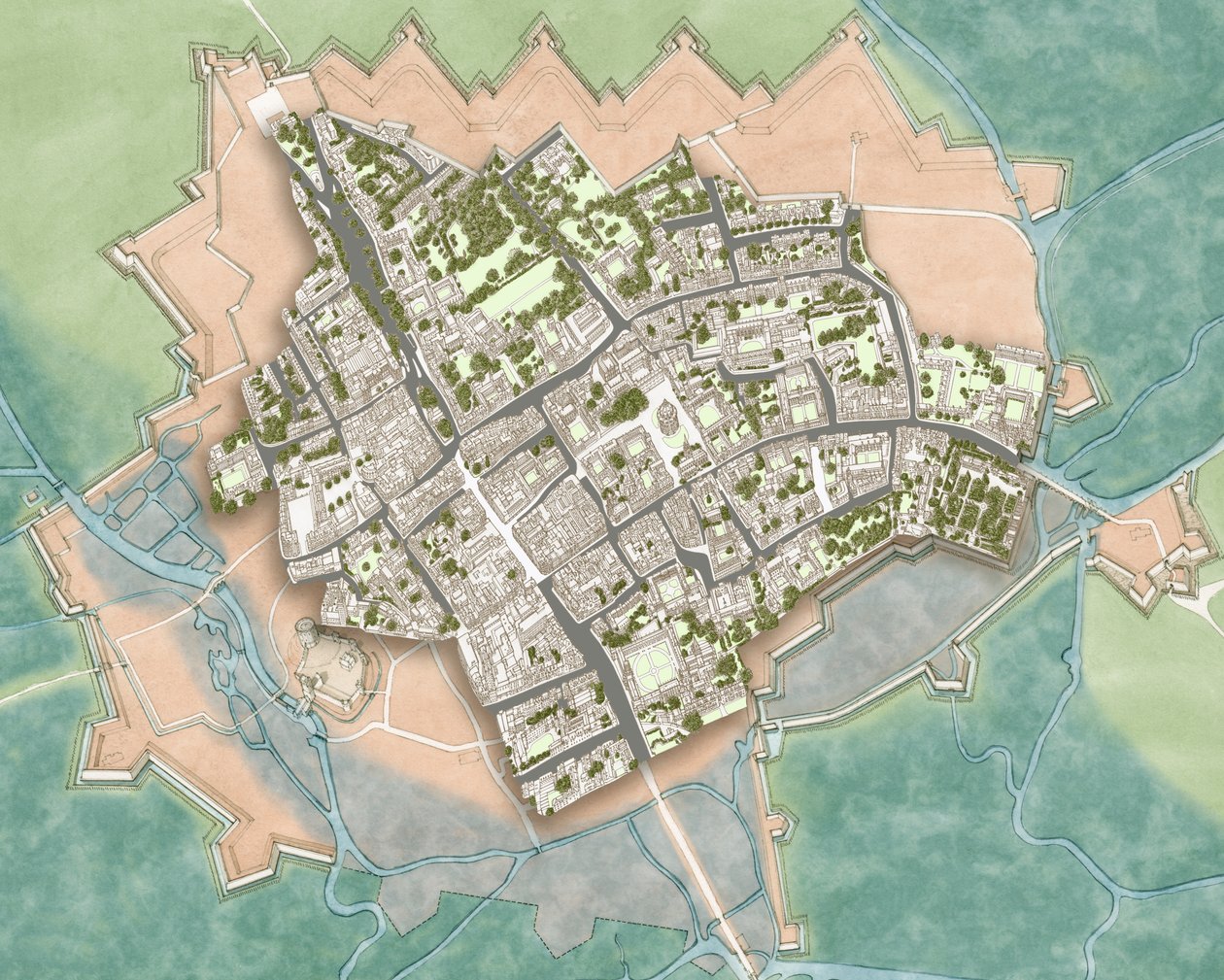 Moderni Oxford sisällissodan aikaisen puolustuksen yllä, noin 1644-1646 (tussi, akvarelli, digitaalinen editointi). tekijältä Stephen Conlin