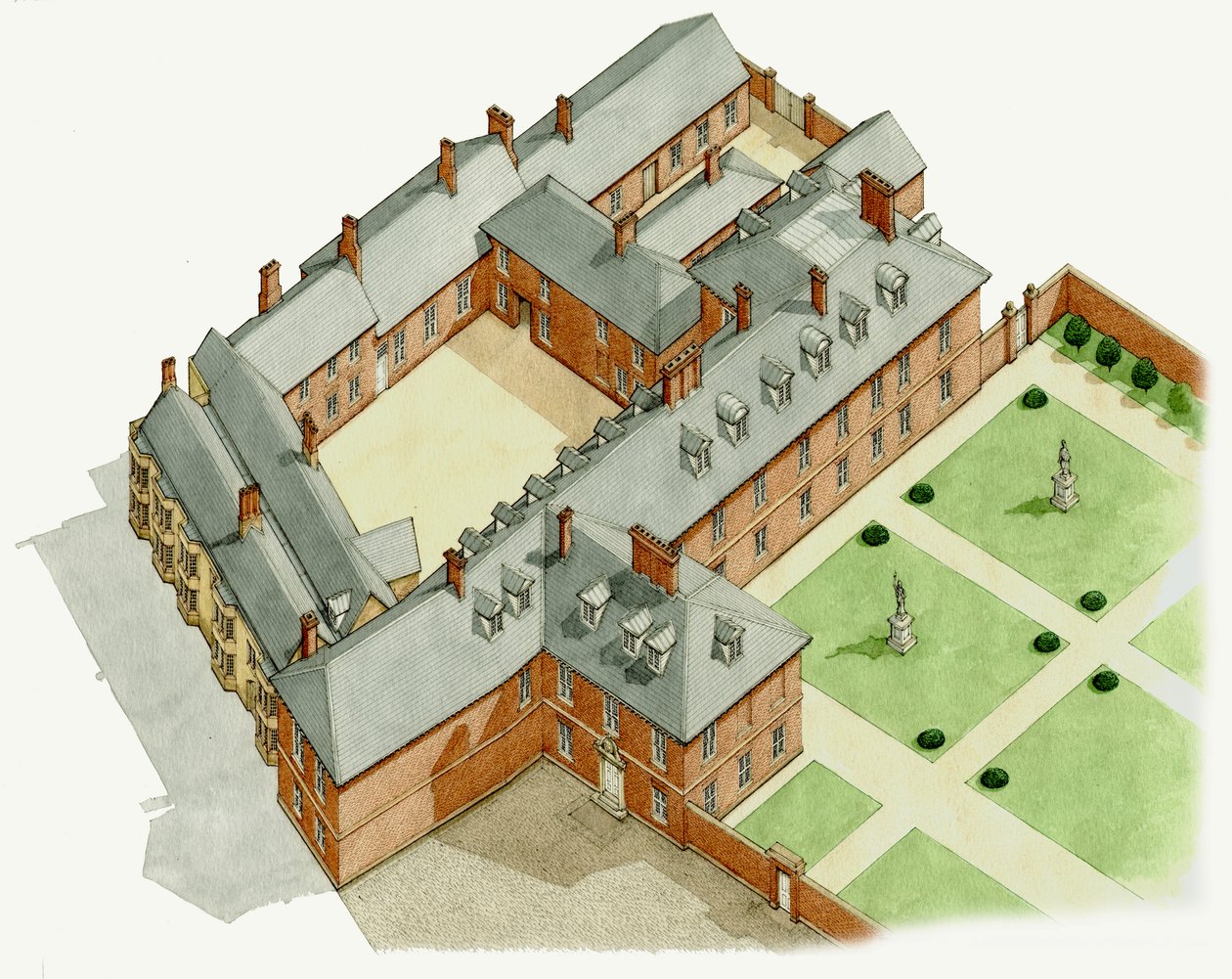 Newmarketin palatsi, Suffolk, noin 1670-1683 (tussi ja akvarelli). tekijältä Stephen Conlin