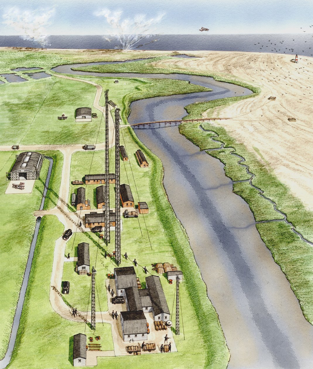 Orford Ness, Suffolk, n.1935-1945 (tussi, airbrush, vesiväri). tekijältä Stephen Conlin