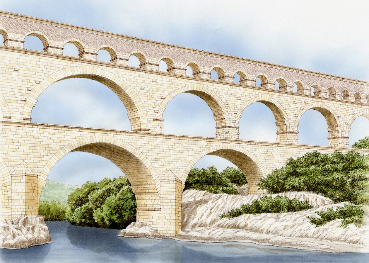 Pont de Gard tänään, Ranska, noin 1900-2023 (tussi ja akvarelli). tekijältä Stephen Conlin